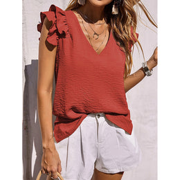 Orange V-Neck Flutter Sleeves Top