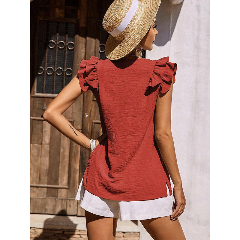 Orange V-Neck Flutter Sleeves Top