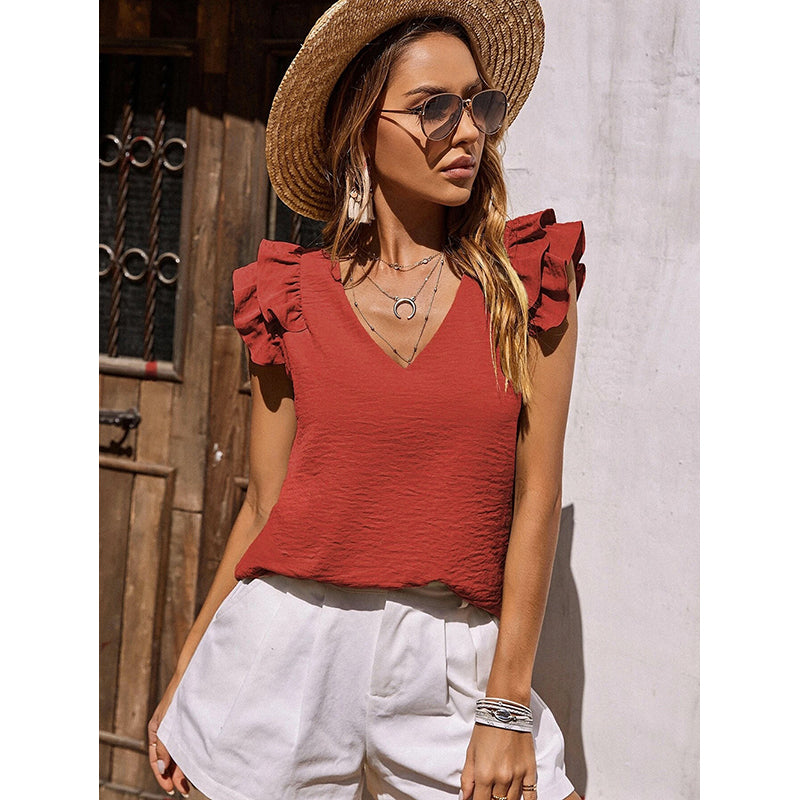 Orange V-Neck Flutter Sleeves Top