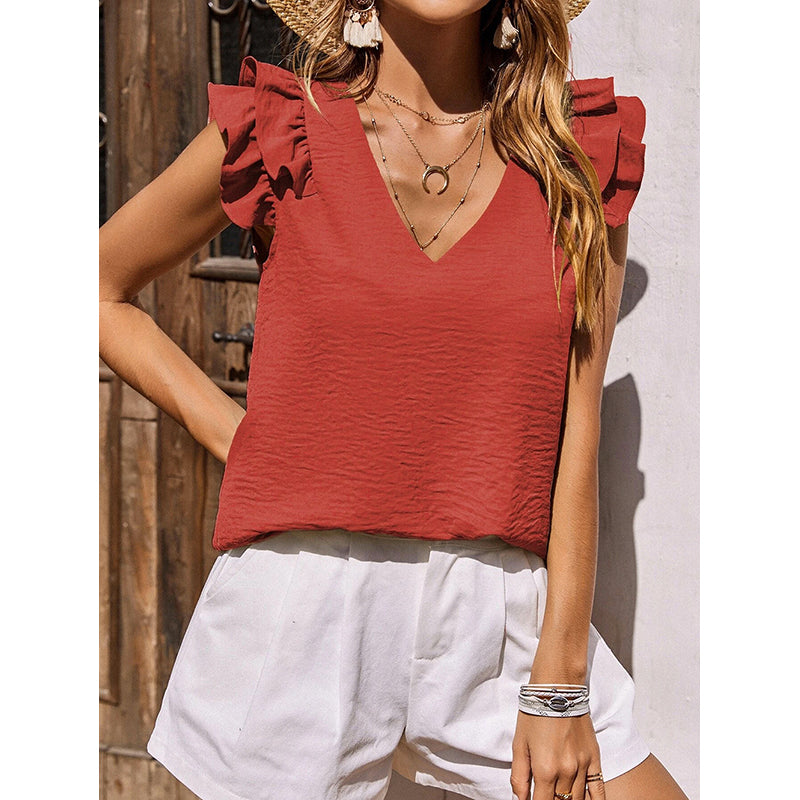 Orange V-Neck Flutter Sleeves Top