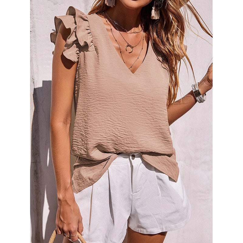 Beige-Coloured Self Design V-Neck Flutter Sleeves Top