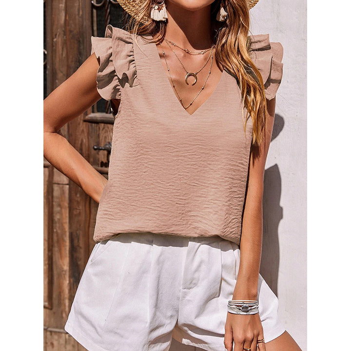 Beige-Coloured Self Design V-Neck Flutter Sleeves Top