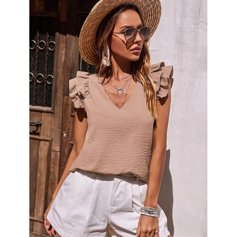 Beige-Coloured Self Design V-Neck Flutter Sleeves Top