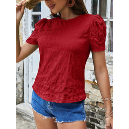 Red Self Design Puff Sleeves Top