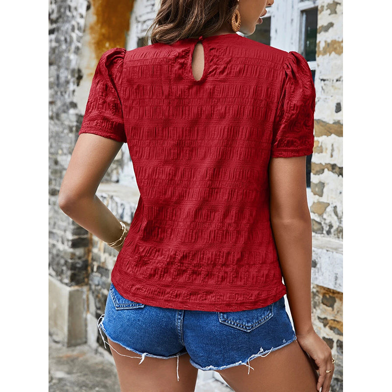 Red Self Design Puff Sleeves Top