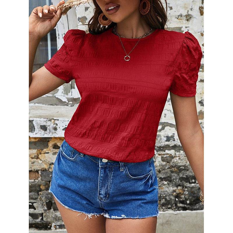 Red Self Design Puff Sleeves Top