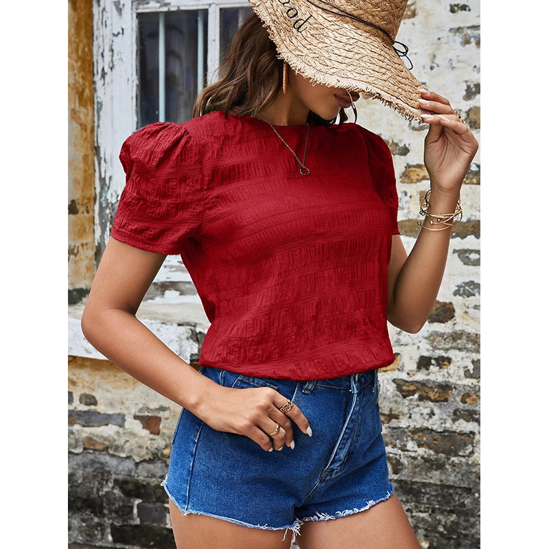 Red Self Design Puff Sleeves Top