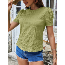 Green Self Design Round Neck Puff Sleeves Top