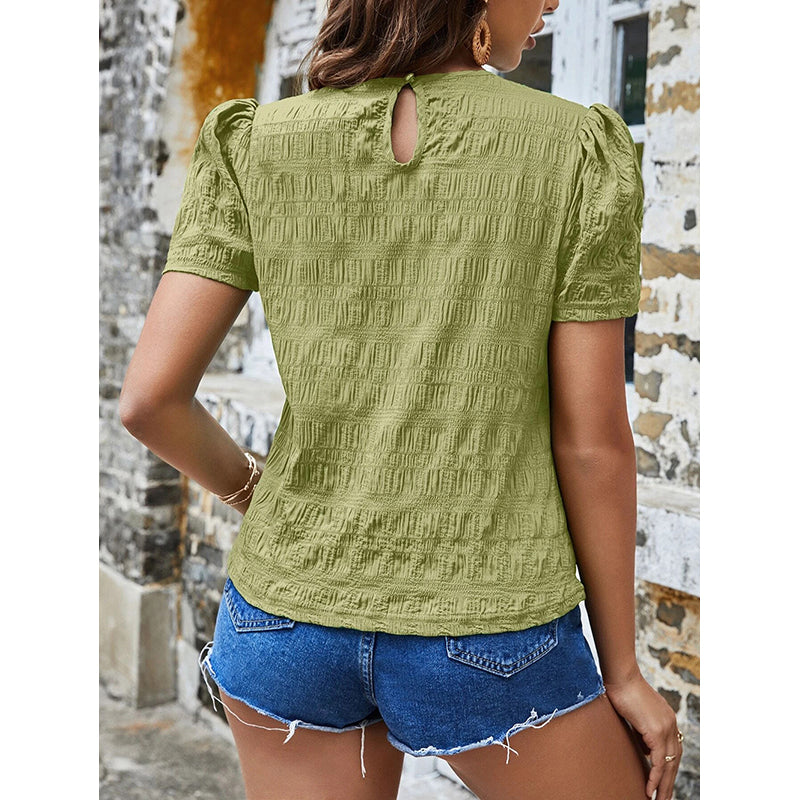 Green Self Design Round Neck Puff Sleeves Top