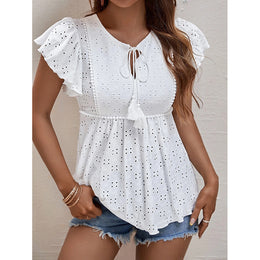 White Tie-Up Neck Flutter Sleeves Longline Top