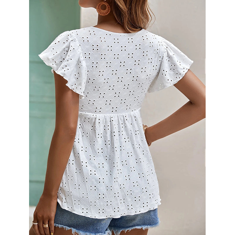 White Tie-Up Neck Flutter Sleeves Longline Top