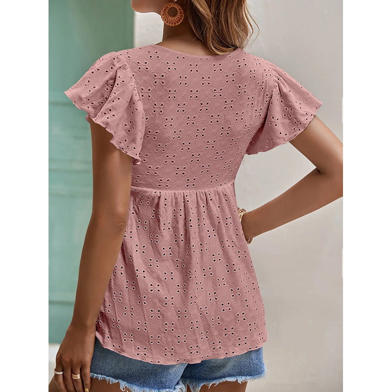 Schiffli Tie-Up Neck Flutter Sleeve Top