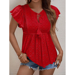 Self Design Tie-Up Neck Flutter Sleeve Top