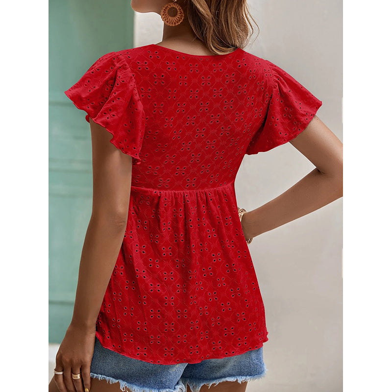 Self Design Tie-Up Neck Flutter Sleeve Top