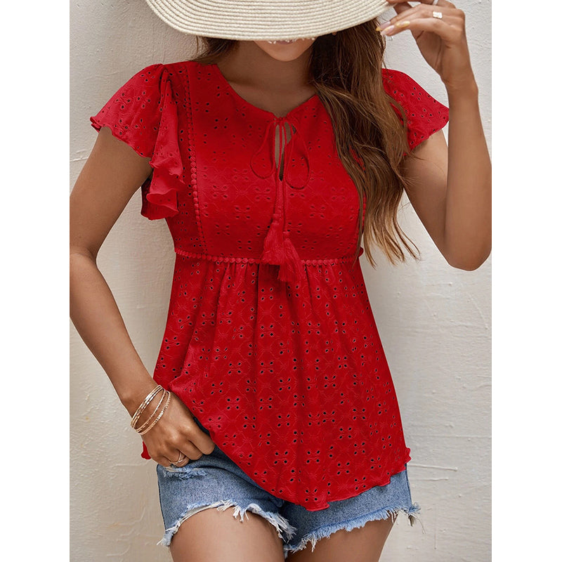 Self Design Tie-Up Neck Flutter Sleeve Top