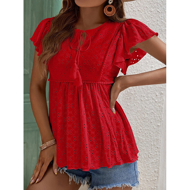Self Design Tie-Up Neck Flutter Sleeve Top