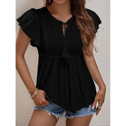 Black Tie-Up Neck Flutter Sleeves Schiffli Top