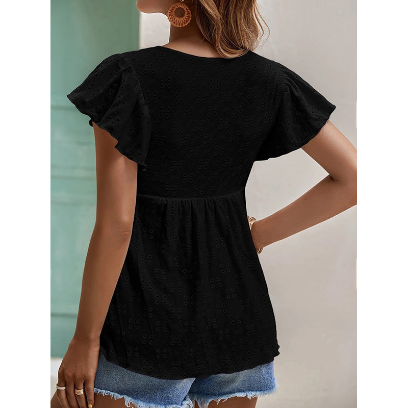 Black Tie-Up Neck Flutter Sleeves Schiffli Top