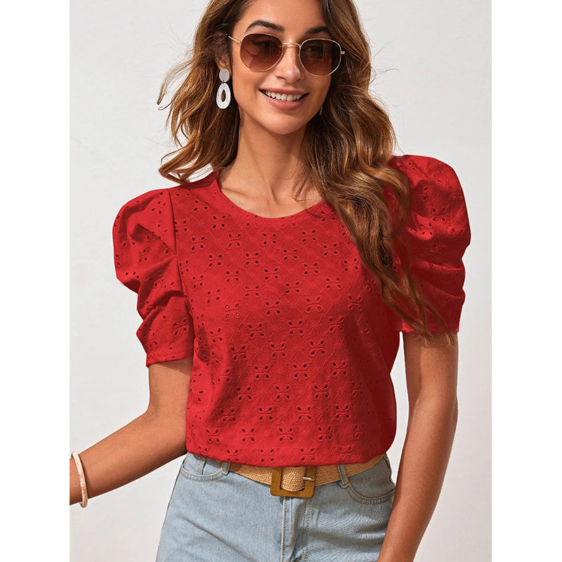 Red Puff Sleeve Schiffli Regular Top