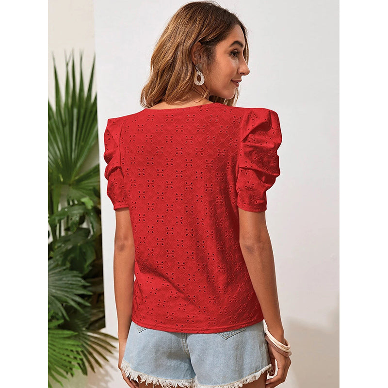 Red Puff Sleeve Schiffli Regular Top
