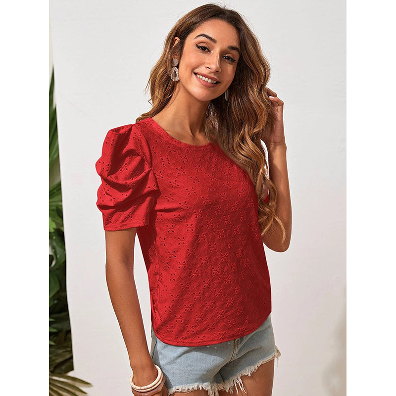 Red Puff Sleeve Schiffli Regular Top