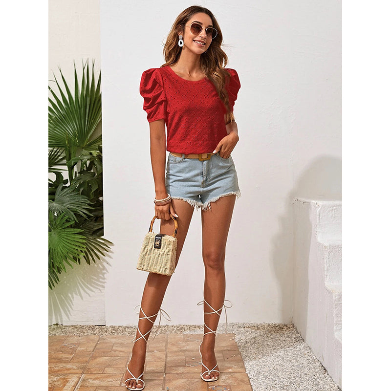 Red Puff Sleeve Schiffli Regular Top