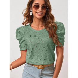 Green Self Design Puff Sleeve Top