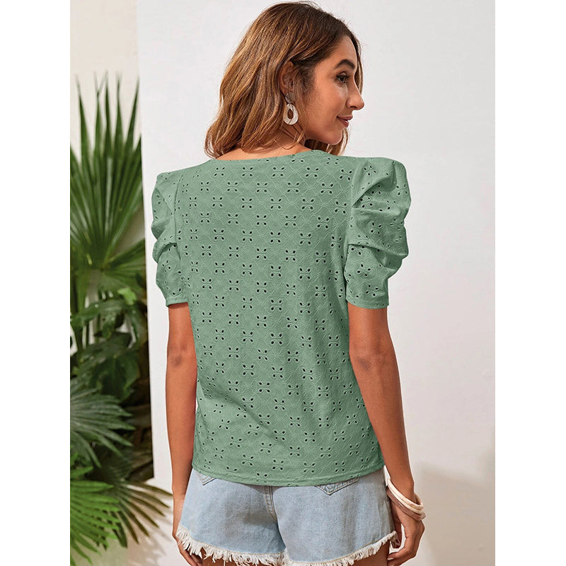 Green Self Design Puff Sleeve Top