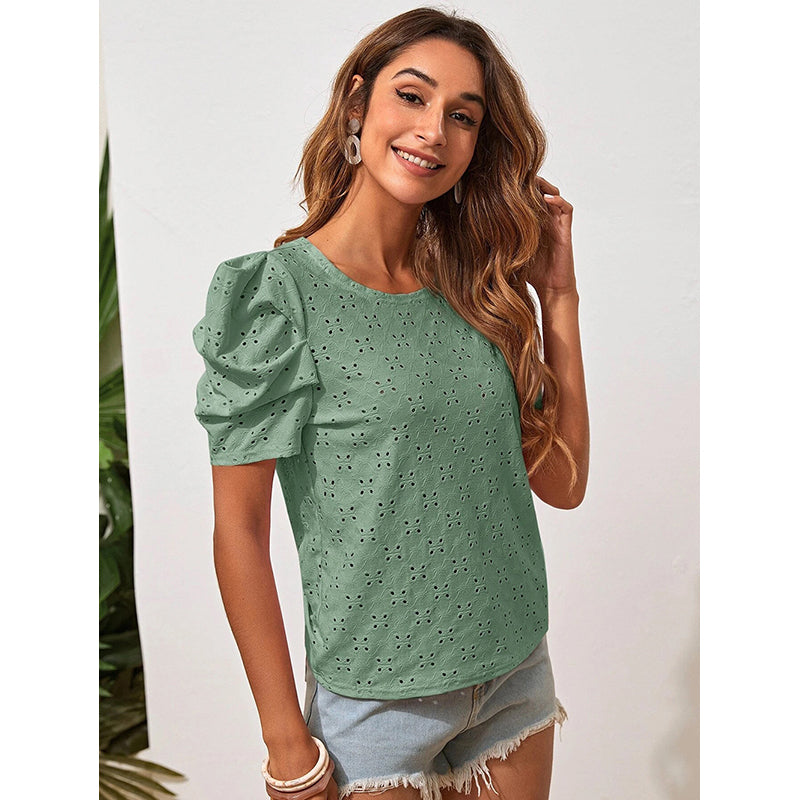Green Self Design Puff Sleeve Top