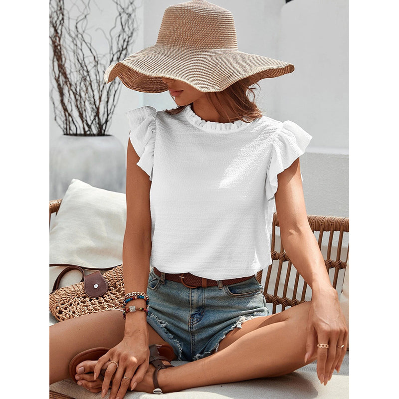 White Solid Flared Sleeve Casual Top