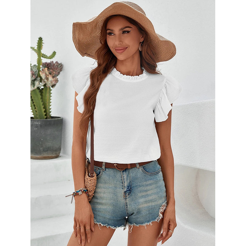 White Solid Flared Sleeve Casual Top