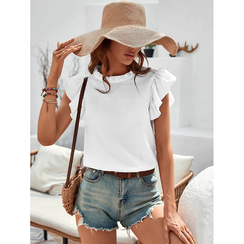 White Solid Flared Sleeve Casual Top
