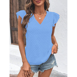 Blue V Neck Flutter Sleeves Top