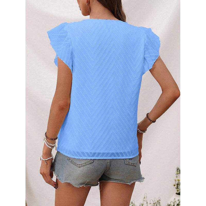 Blue V Neck Flutter Sleeves Top