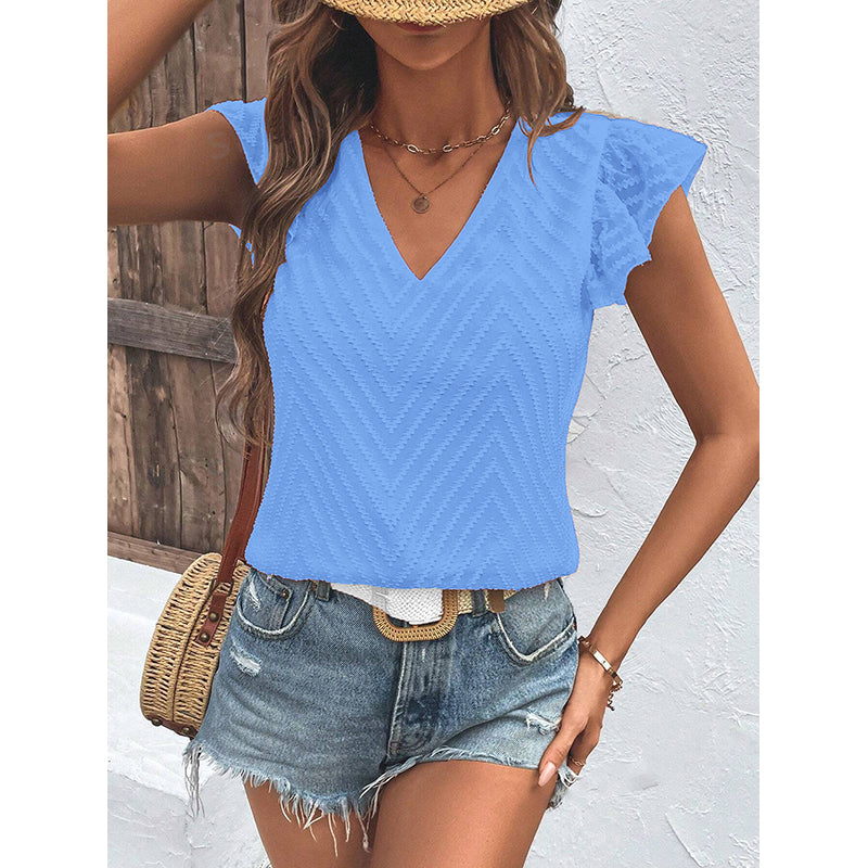 Blue V Neck Flutter Sleeves Top
