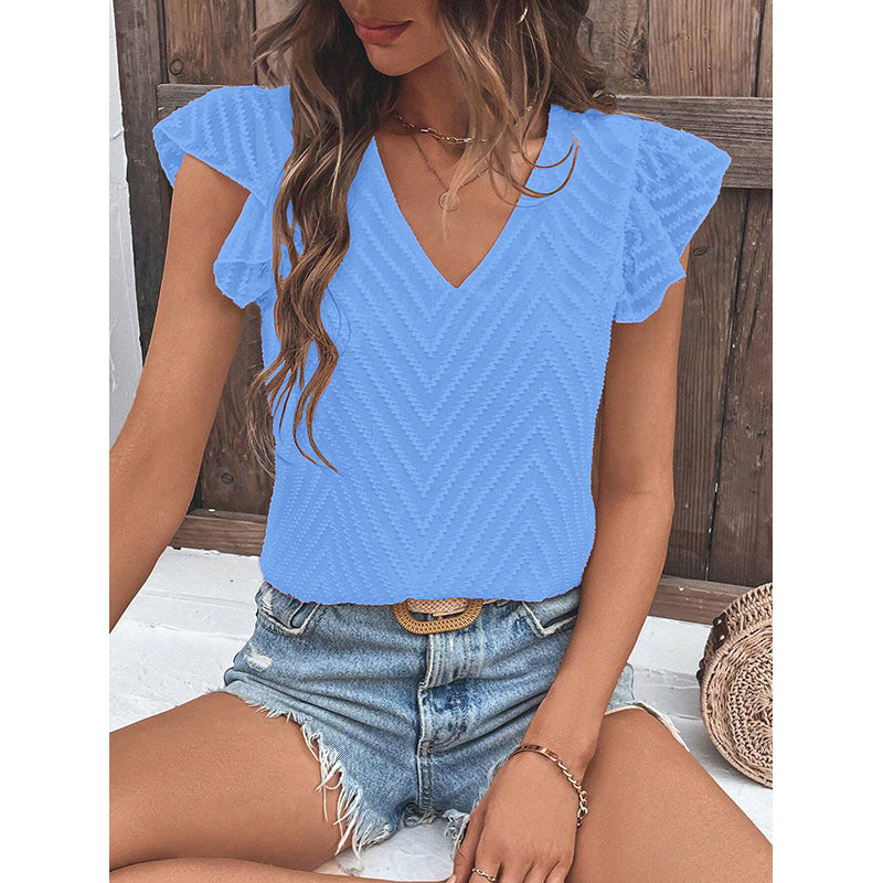 Blue V Neck Flutter Sleeves Top