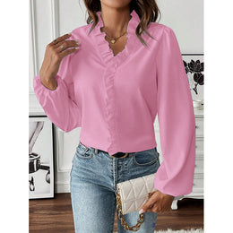 V-Neck Puff Sleeves Ruffles Casual Top