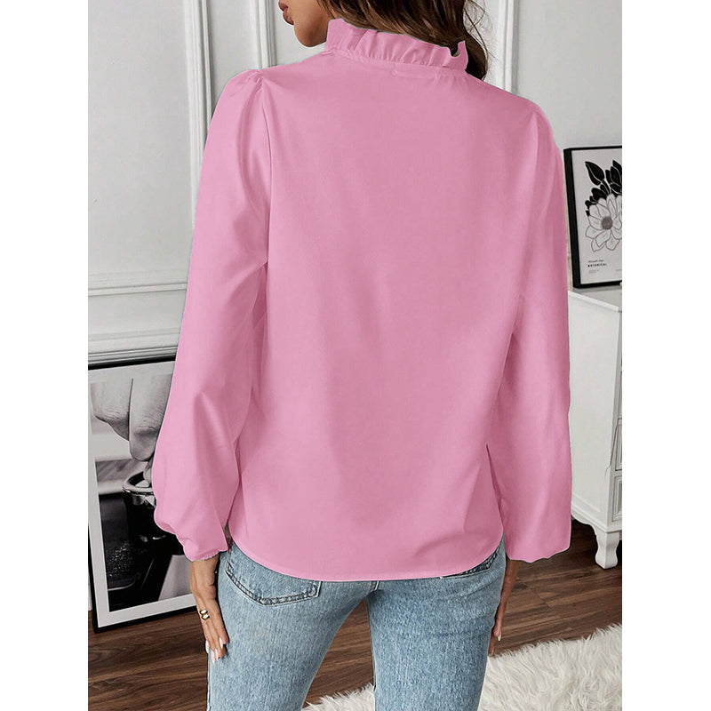 V-Neck Puff Sleeves Ruffles Casual Top