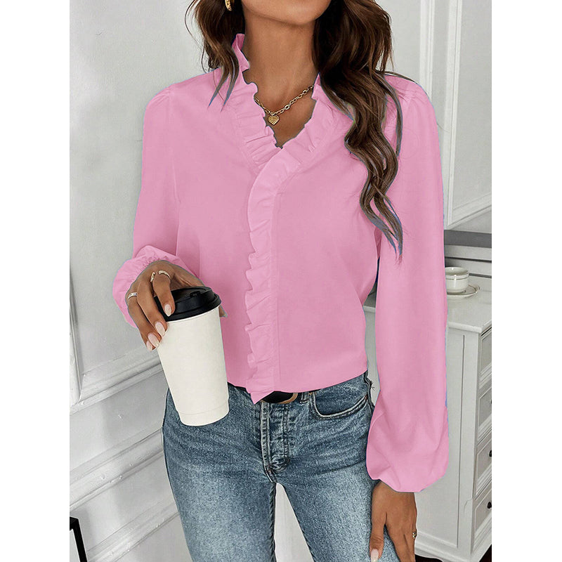 V-Neck Puff Sleeves Ruffles Casual Top