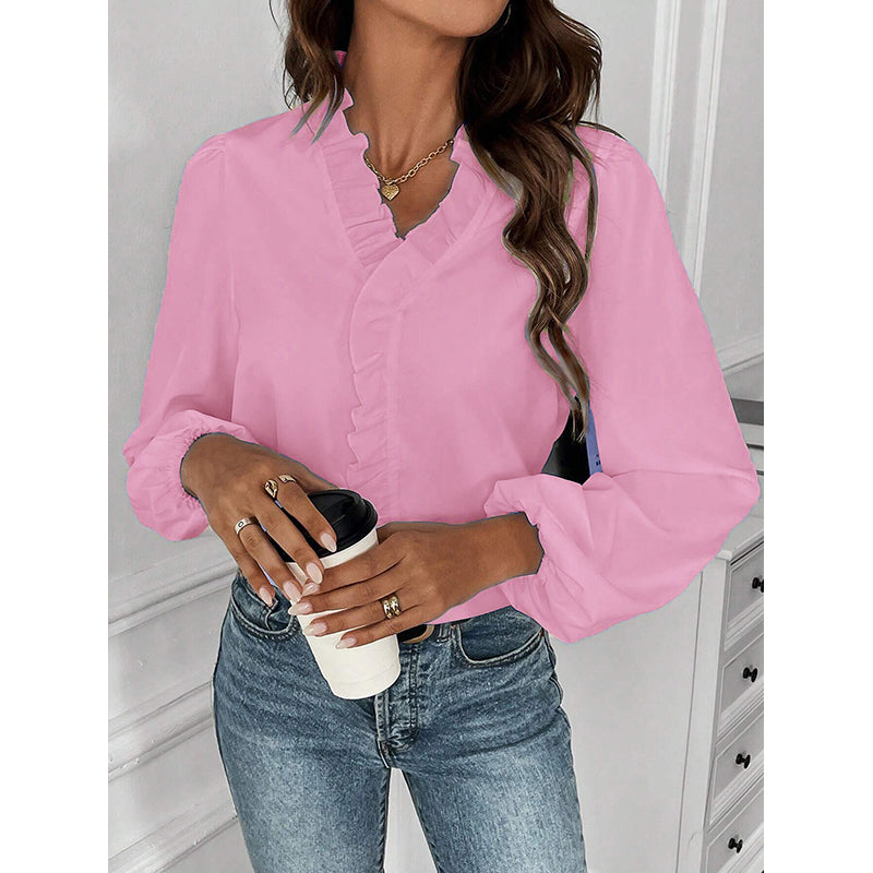 V-Neck Puff Sleeves Ruffles Casual Top