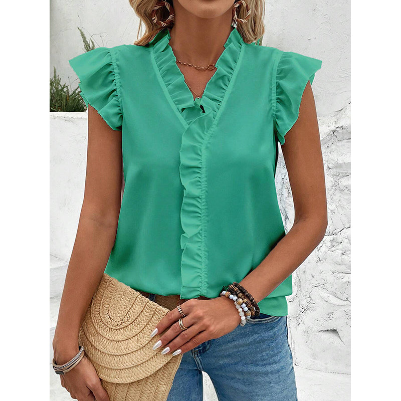Green V-Neck Flutter Sleeve Top