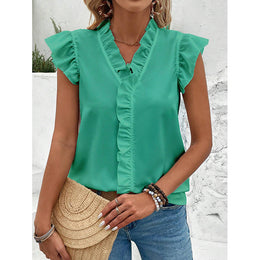 Green V-Neck Flutter Sleeve Top