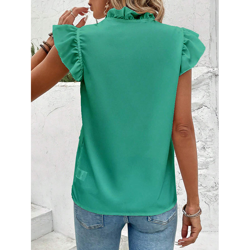Green V-Neck Flutter Sleeve Top