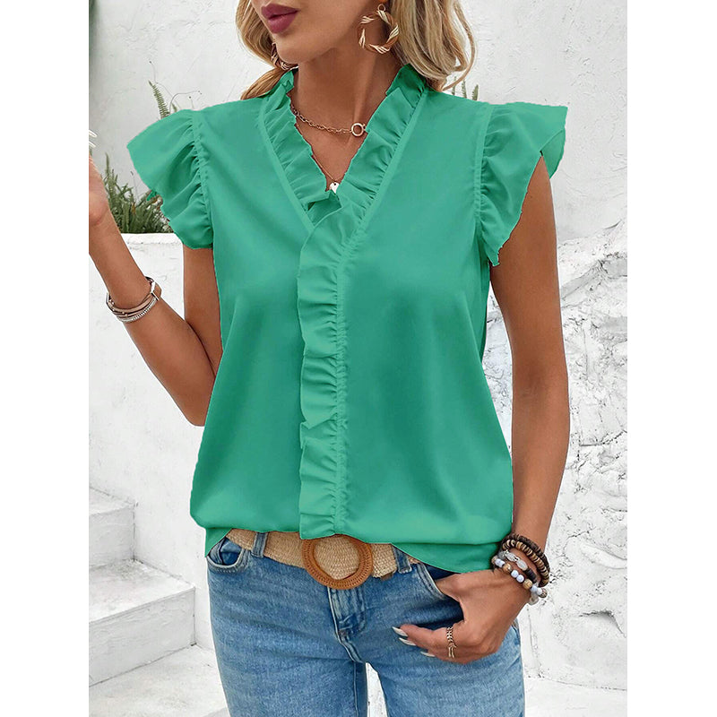Green V-Neck Flutter Sleeve Top
