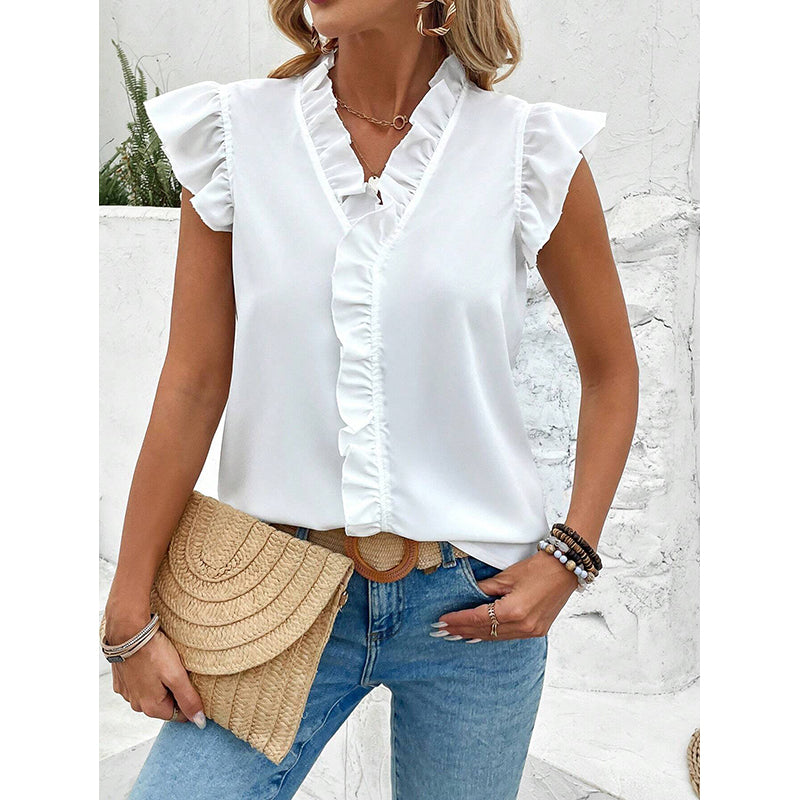 V-Neck Flutter Sleeve Shirt Style Top