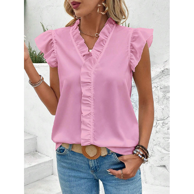 V-Neck Flutter Sleeve Shirt Style Top