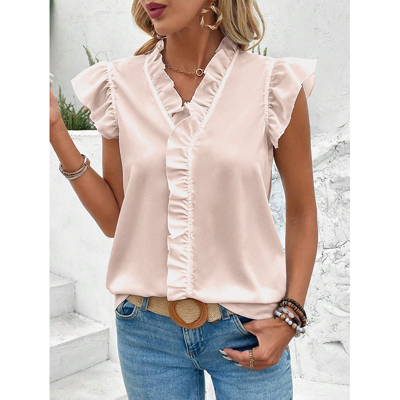 Beige Flutter Sleeve Shirt Style Top