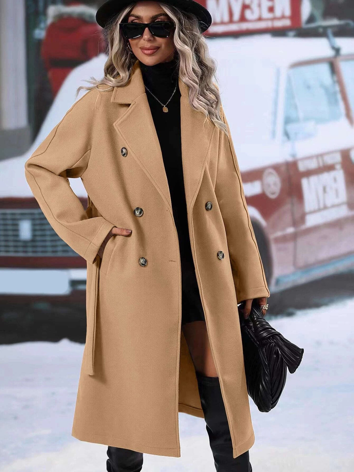 Women Notched Lapel Long Overcoat