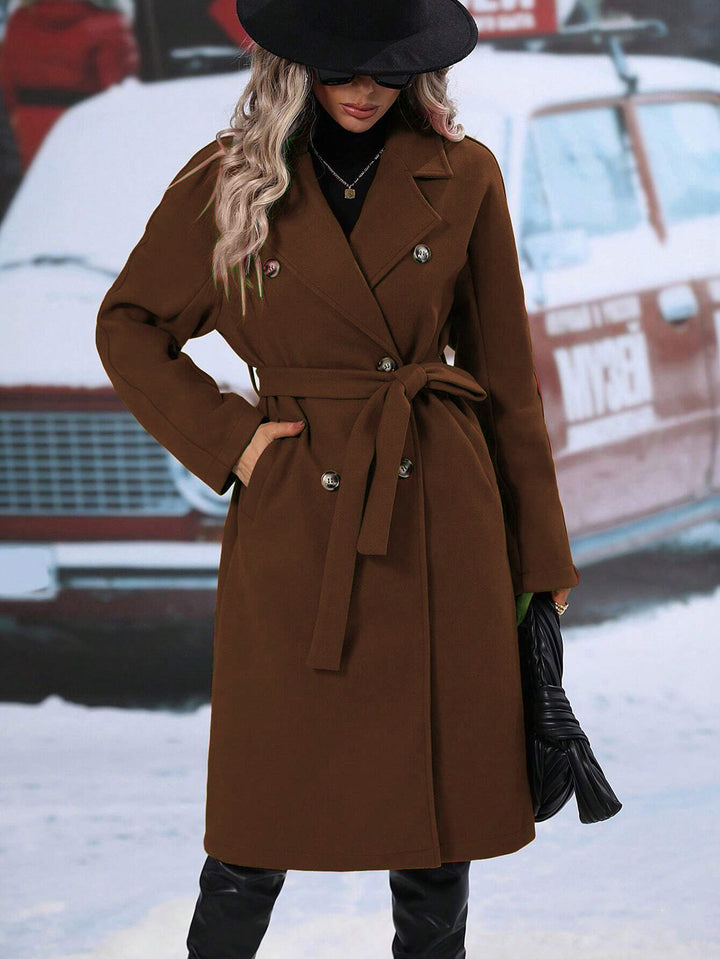 Women Notched Lapel Collar Knee Length Overcoat