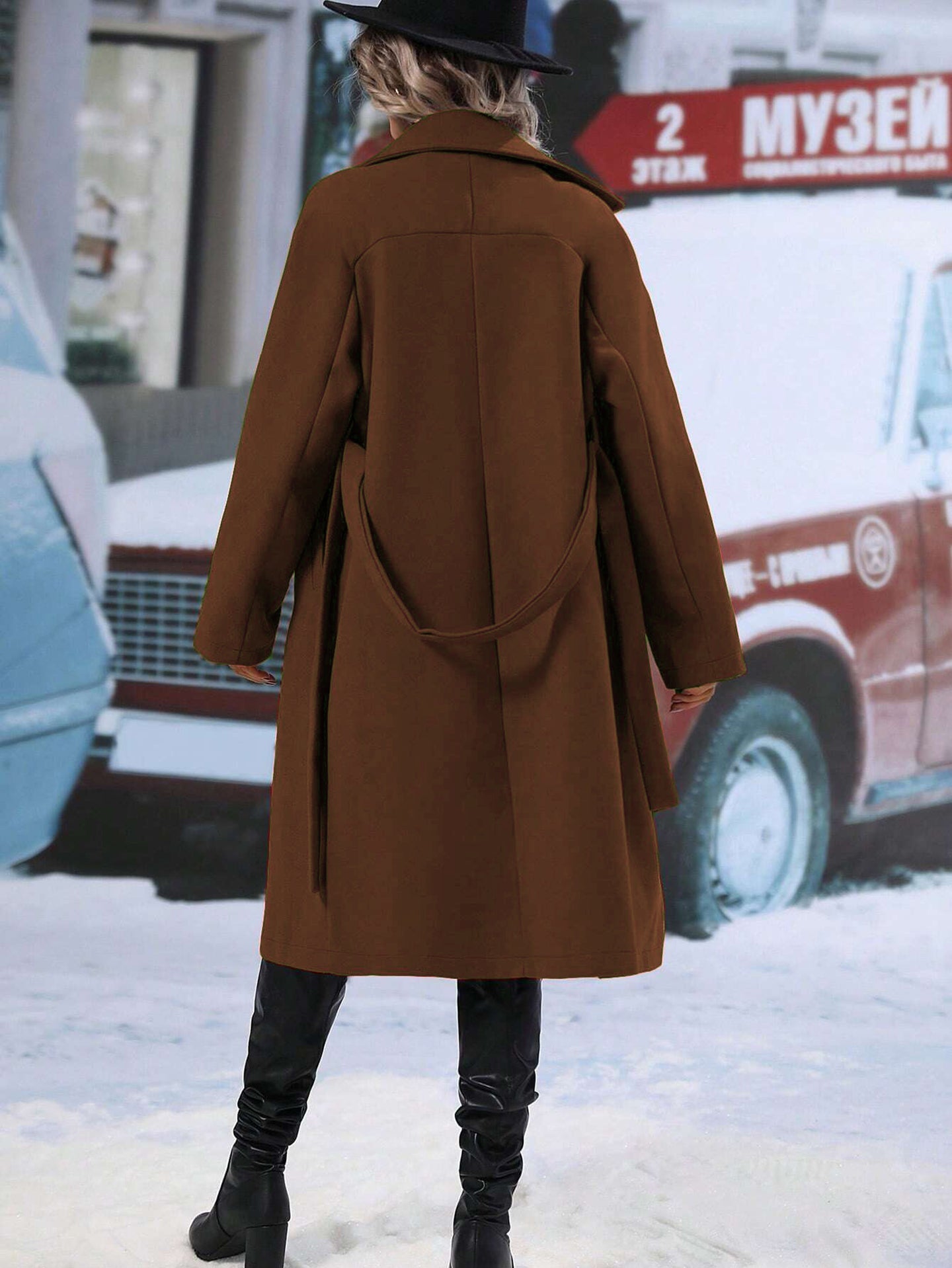 Women Notched Lapel Collar Knee Length Overcoat